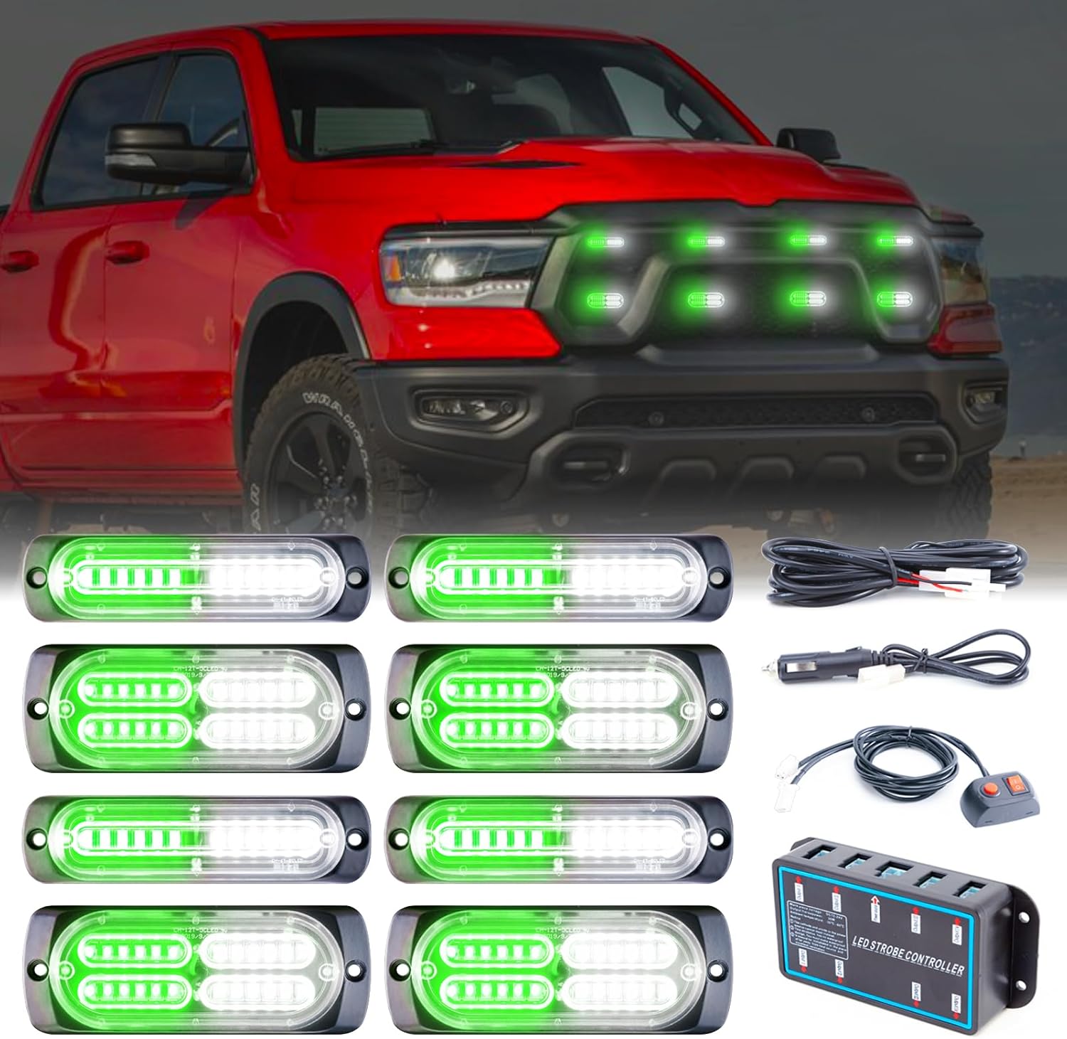 8pcs Sync Feature Emergency Strobe Grille Lights LED Ultra Slim Surface Mount Flashing Hazard Warning Light Bar with Controller for Firefighter/Construction/Trucks/Vehicles/Car