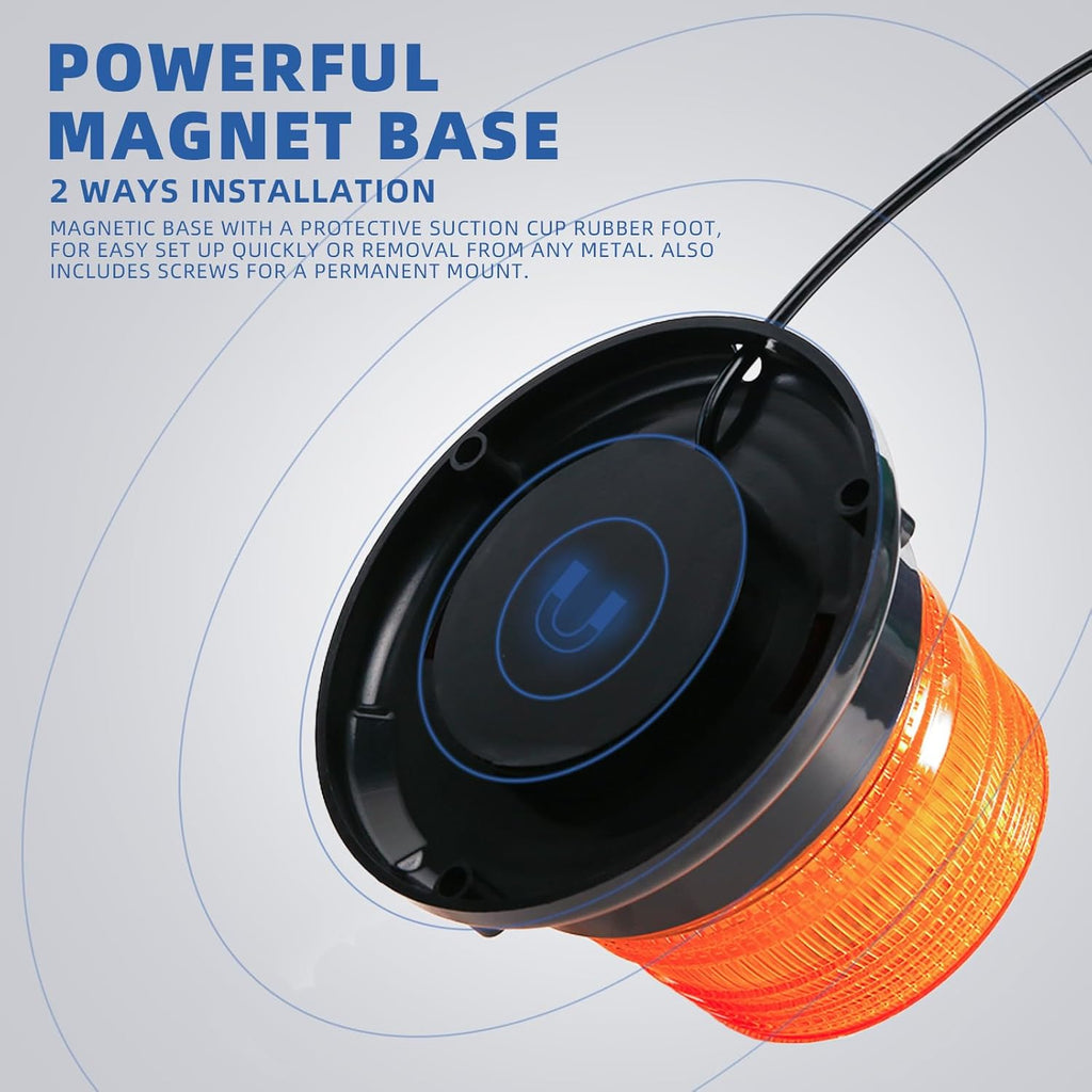 Amber LED Beacon Strobe Light, 12-24V Emergency Warning Light Bar with Magnetic Base, 7 Flash Modes , Base for Snow Plow Truck Construction Vehicles Forklift Tractor Golf Carts