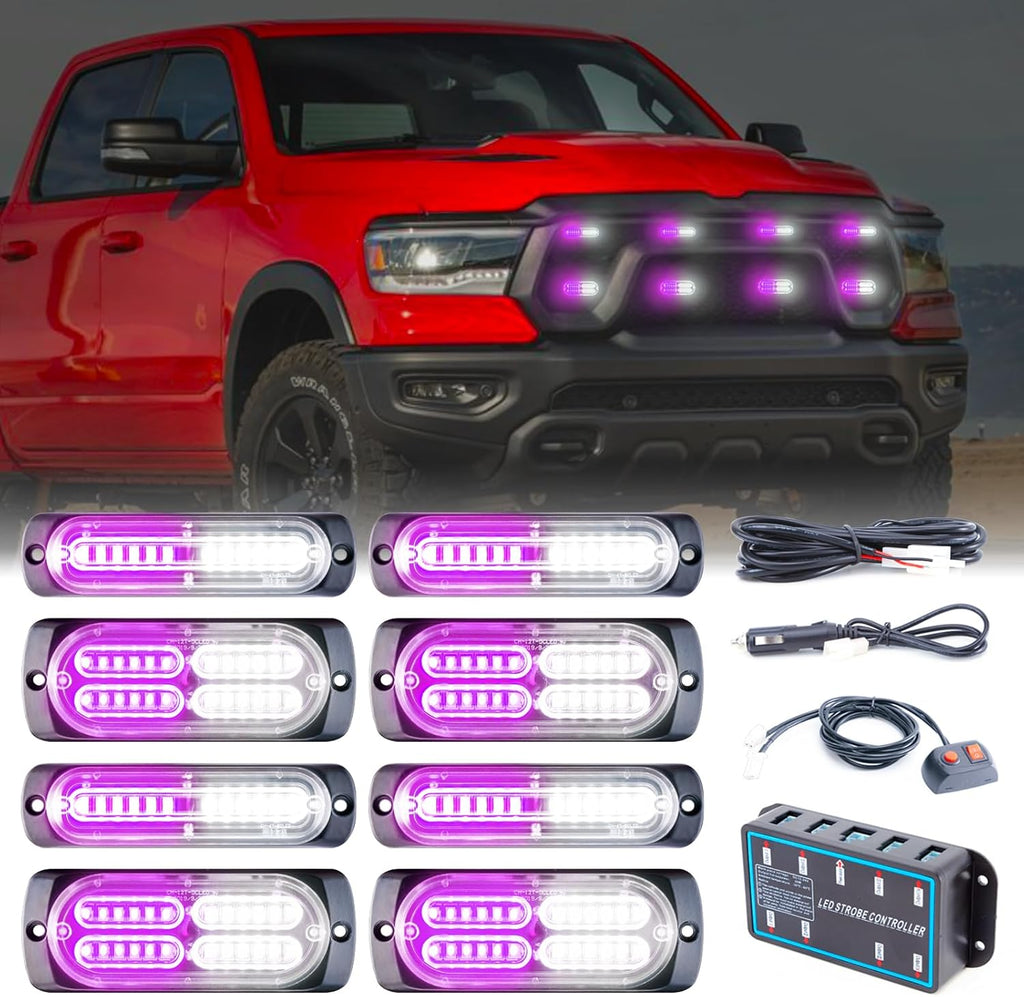 8pcs Sync Feature Emergency Strobe Grille Lights LED Ultra Slim Surface Mount Flashing Hazard Warning Light Bar with Controller for Firefighter/Construction/Trucks/Vehicles/Car