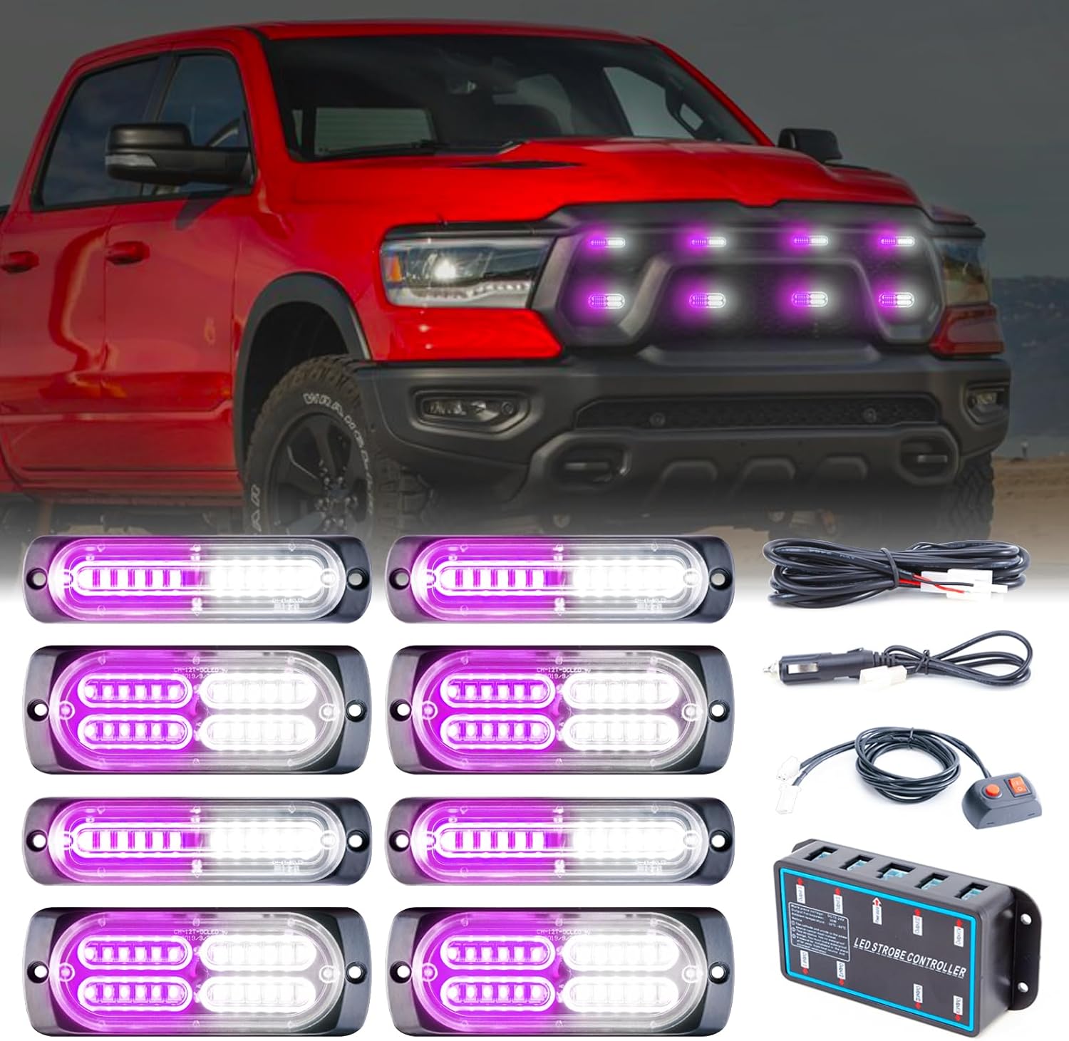 8pcs Sync Feature Emergency Strobe Grille Lights LED Ultra Slim Surface Mount Flashing Hazard Warning Light Bar with Controller for Firefighter/Construction/Trucks/Vehicles/Car