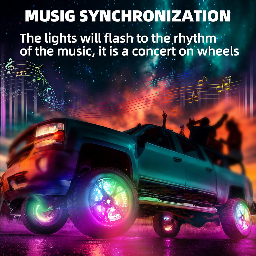 4PCS 14" Double Sided RGB LED Wheel Ring Lights with APP & Remote Control for Trucks Pickups Cars Offroad