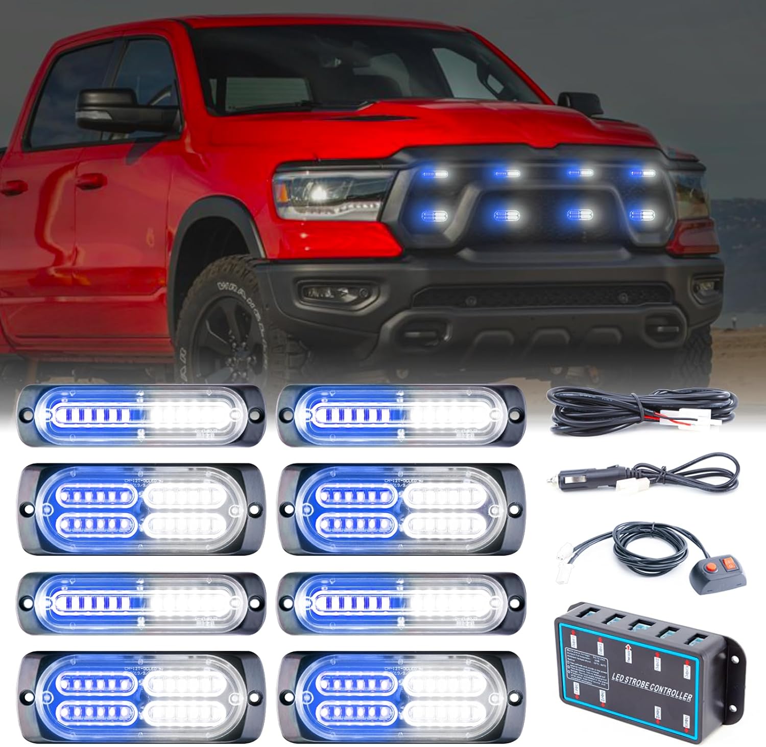 8pcs Sync Feature Emergency Strobe Grille Lights LED Ultra Slim Surface Mount Flashing Hazard Warning Light Bar with Controller for Firefighter/Construction/Trucks/Vehicles/Car
