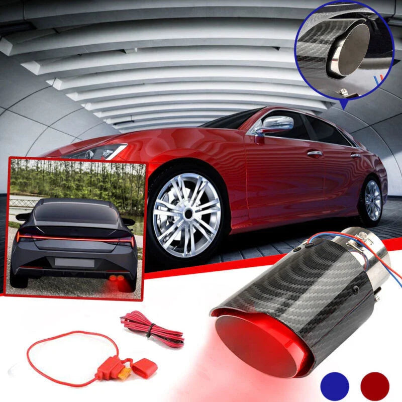 63-65mm Carbon Fibre Car Muffler Exhaust Tip Tail Pipe LED Light Accessories