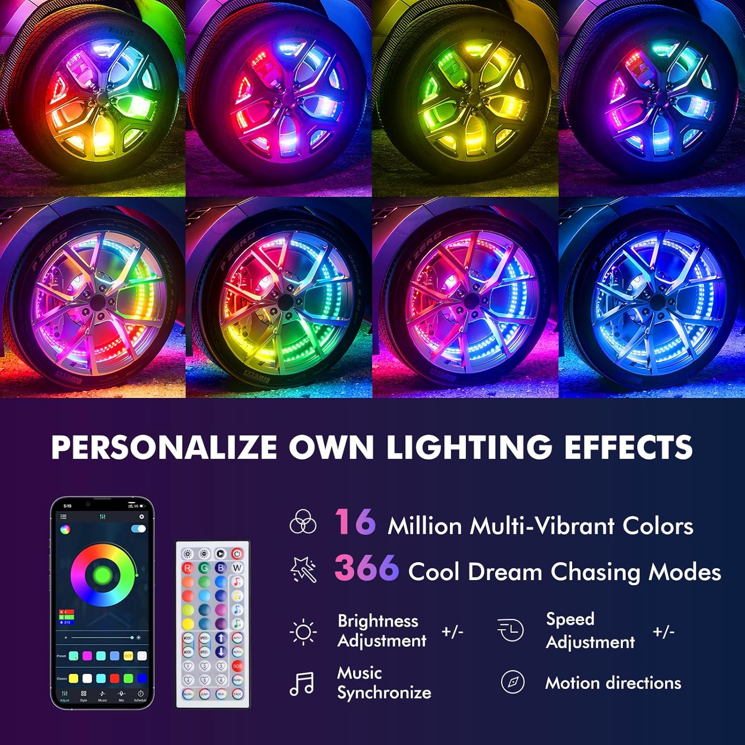 17" Double Row Wheel Lights with App & Remote Control Compatible with Various Trucks SUV Car（4PCS）