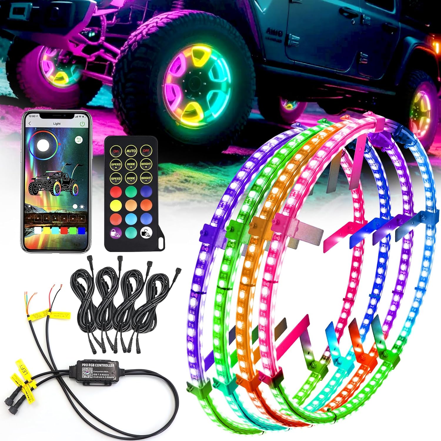 4PCS 15.5" Double Sided RGB LED Wheel Ring Lights with APP & Remote Control
