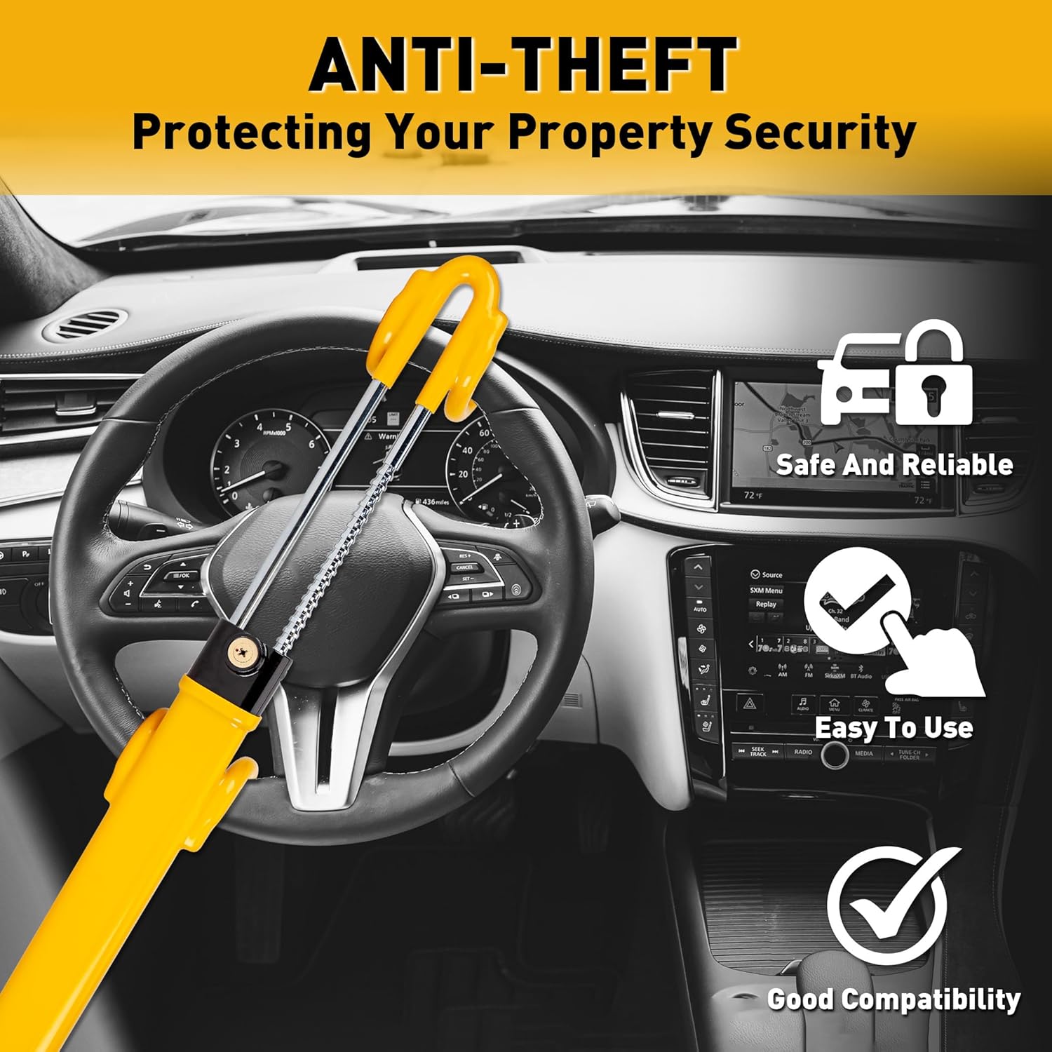 Heavy Duty Steering Wheel Lock Anti-Theft Car Device Security For Cars Trucks Vans and SUVs with 3 Keys
