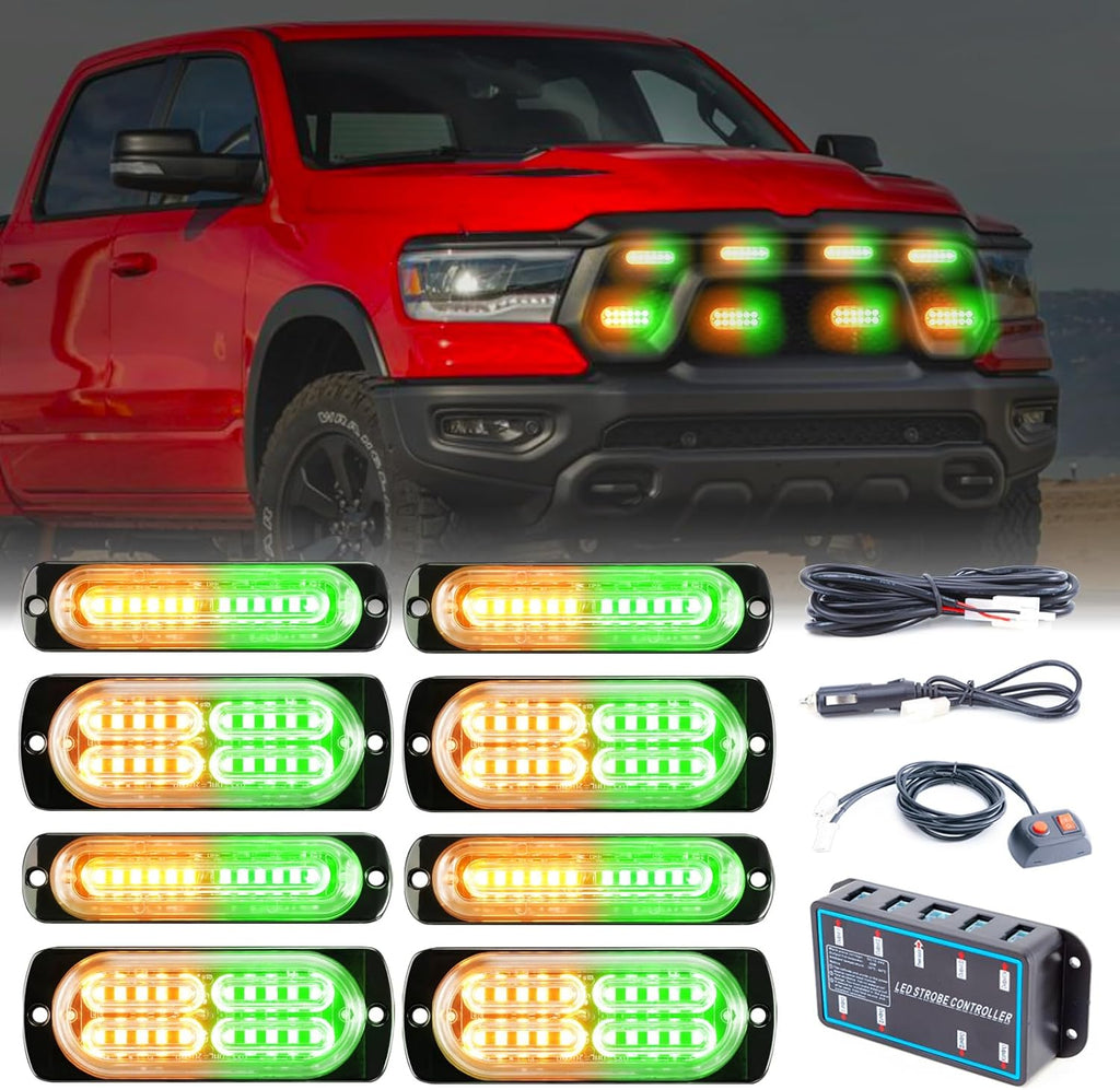 8pcs Sync Feature Emergency Strobe Grille Lights LED Ultra Slim Surface Mount Flashing Hazard Warning Light Bar with Controller for Firefighter/Construction/Trucks/Vehicles/Car