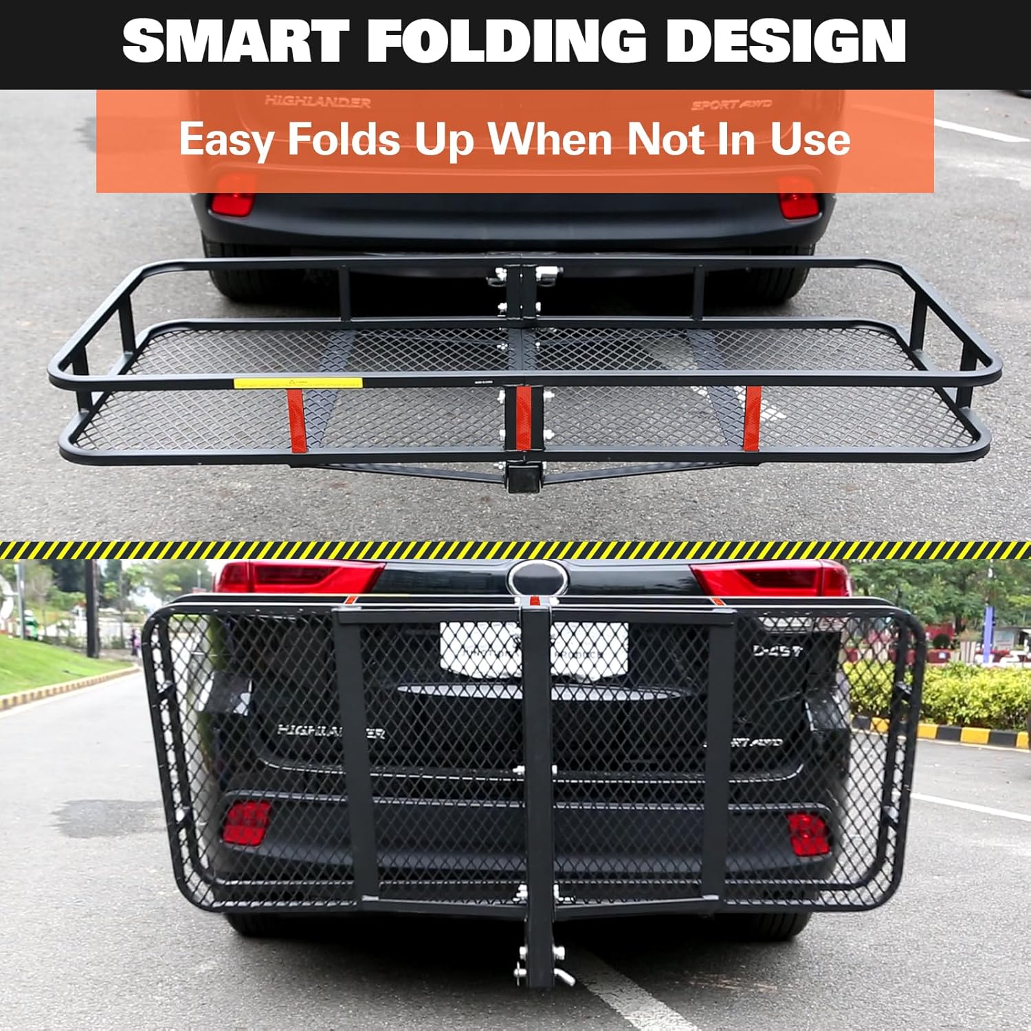 Folding Hitch Mount Cargo Carrier Basket 60" x 20" x 6" with Waterproof Bag, Net, Strap, 2-Inch Folding Shank, 500 lbs Capacity Hitch Rack, Steel Construction