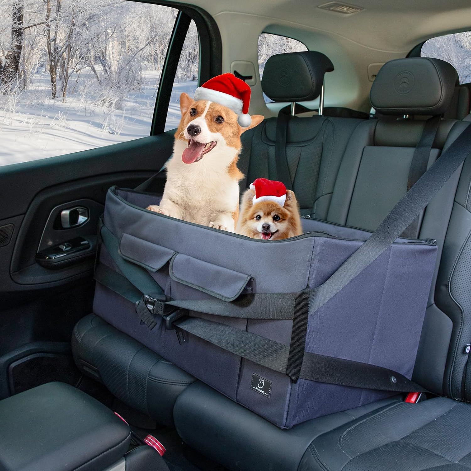 Dog Car Seat for Medium & Large Dogs – Washable Cover, Safety Leashes, Storage Pockets, Foldable & Portable, Fits Car Back Seat or SUV’s Trunk