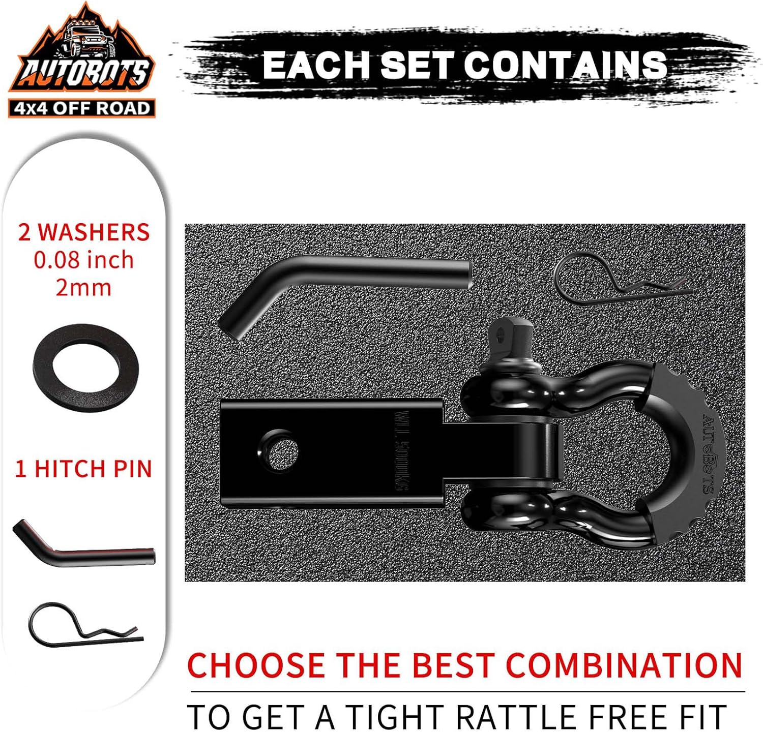 Tow Hitch Receiver 2, 45,000 Lbs Break Strength Heavy Duty Receiver with 5/8 Screw Pin, 3/4 Shackle, Towing Accessories for Vehicle Recovery Off-Road