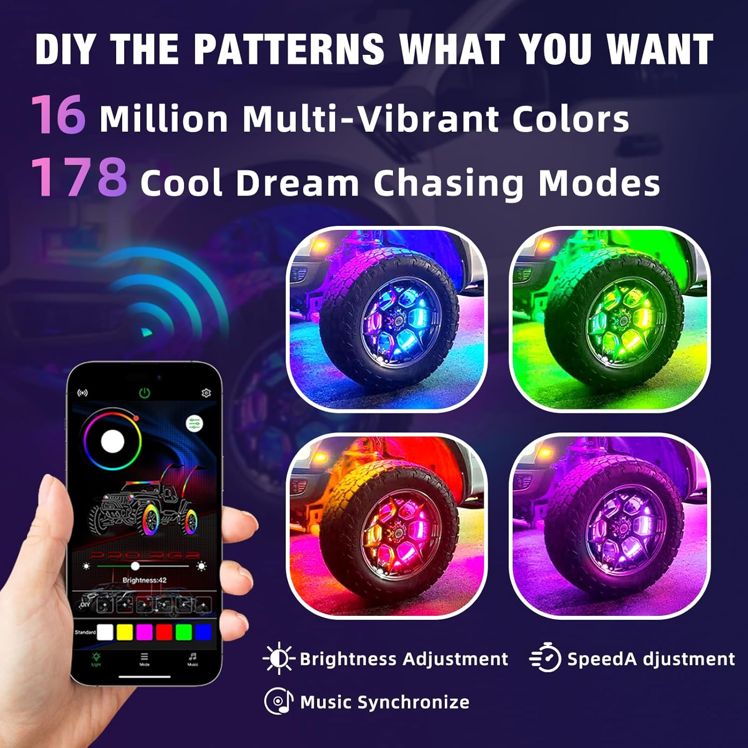 4PCS 15.5" Double Sided RGB LED Wheel Ring Lights with APP & Remote Control