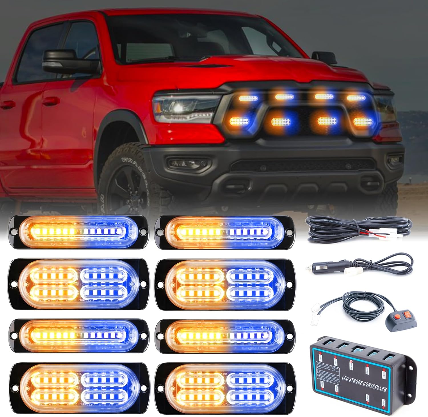 8pcs Sync Feature Emergency Strobe Grille Lights LED Ultra Slim Surface Mount Flashing Hazard Warning Light Bar with Controller for Firefighter/Construction/Trucks/Vehicles/Car