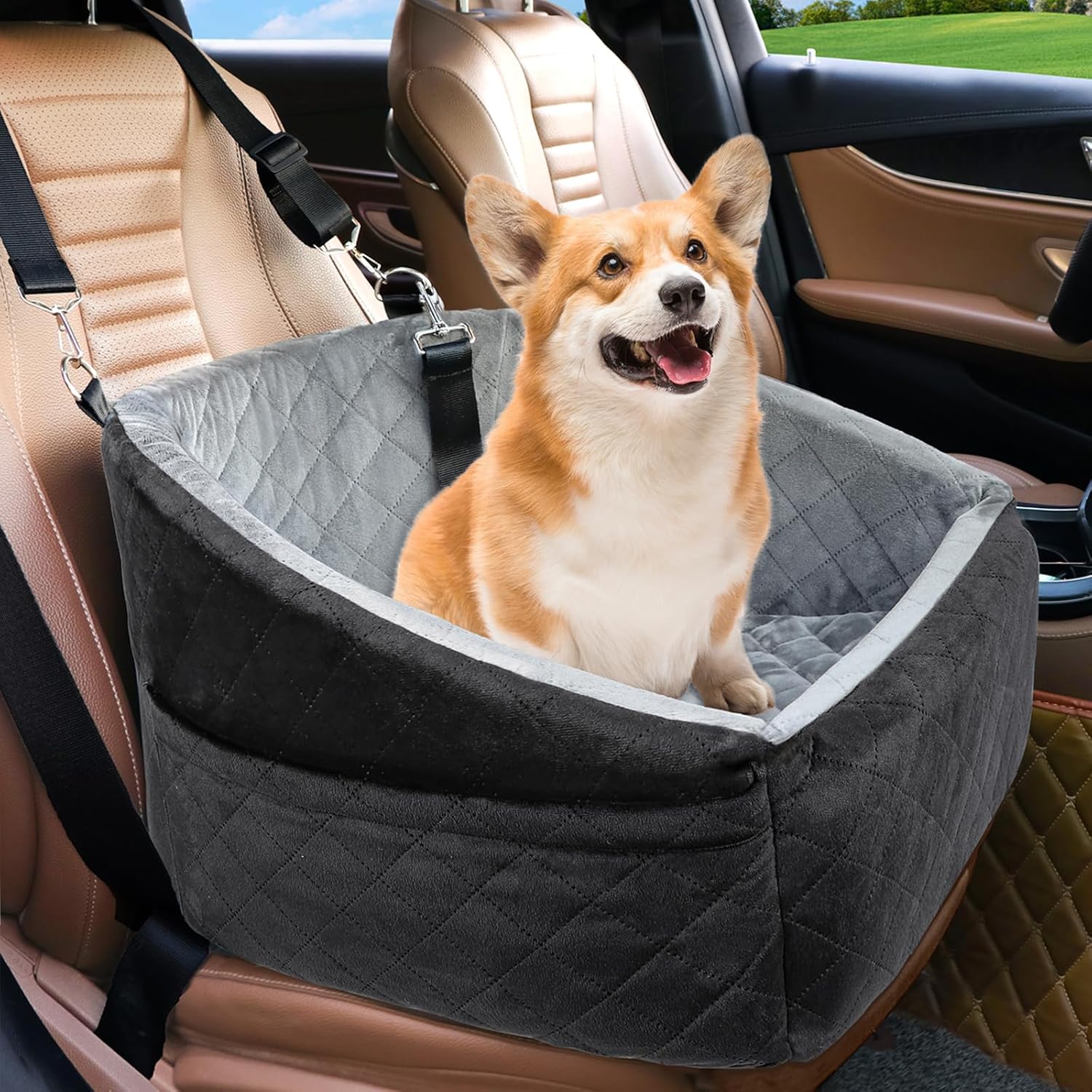 Under 30lbs Dog Car Seat for Small Dogs With Storage Pockets and Dog Safety Belt