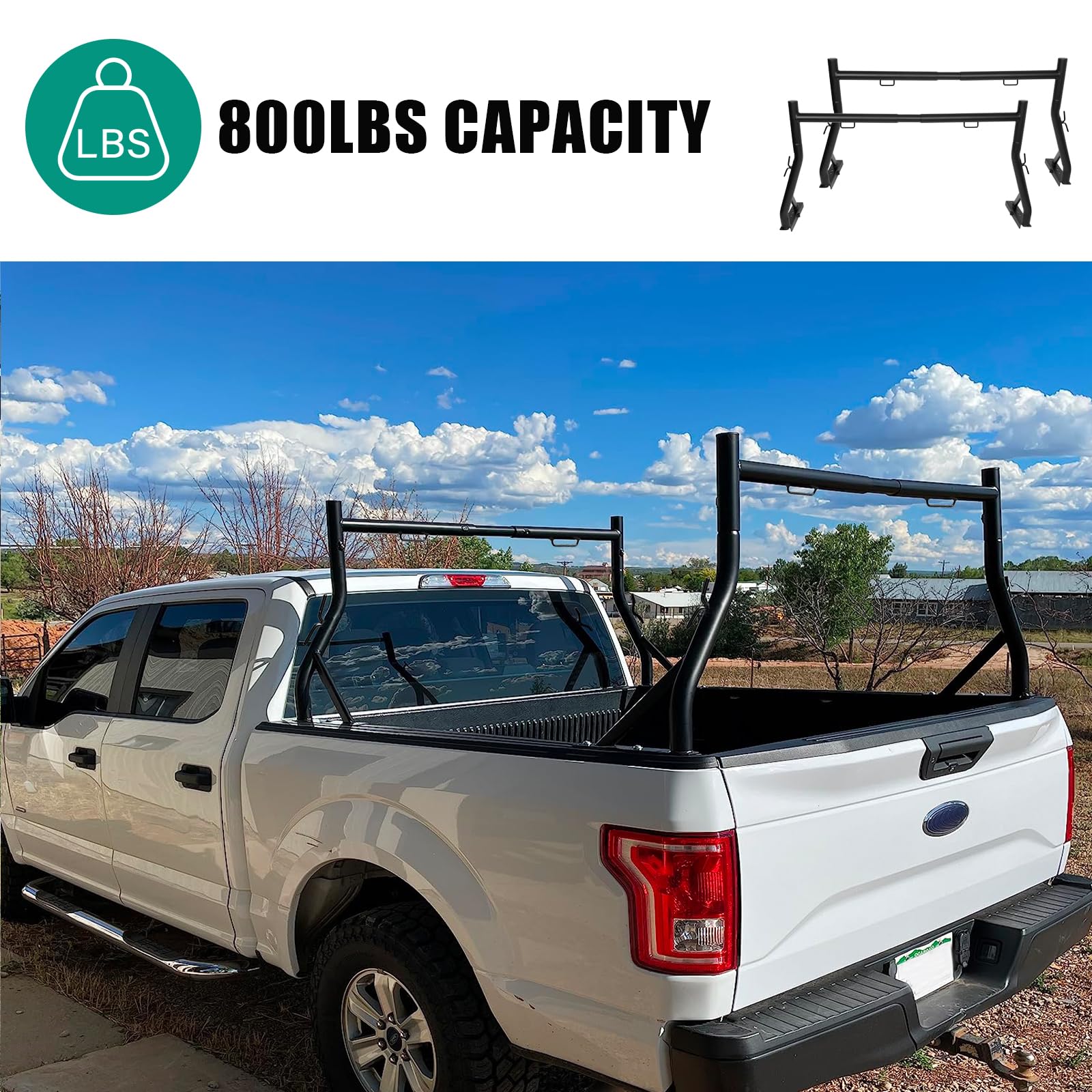Non-Drilling Truck Rack, Heavy Duty Steel Extendable Truck Bed Ladder Rack, Fit for 52" to 71" Wide Truck Bed, 800 lb. Capacity