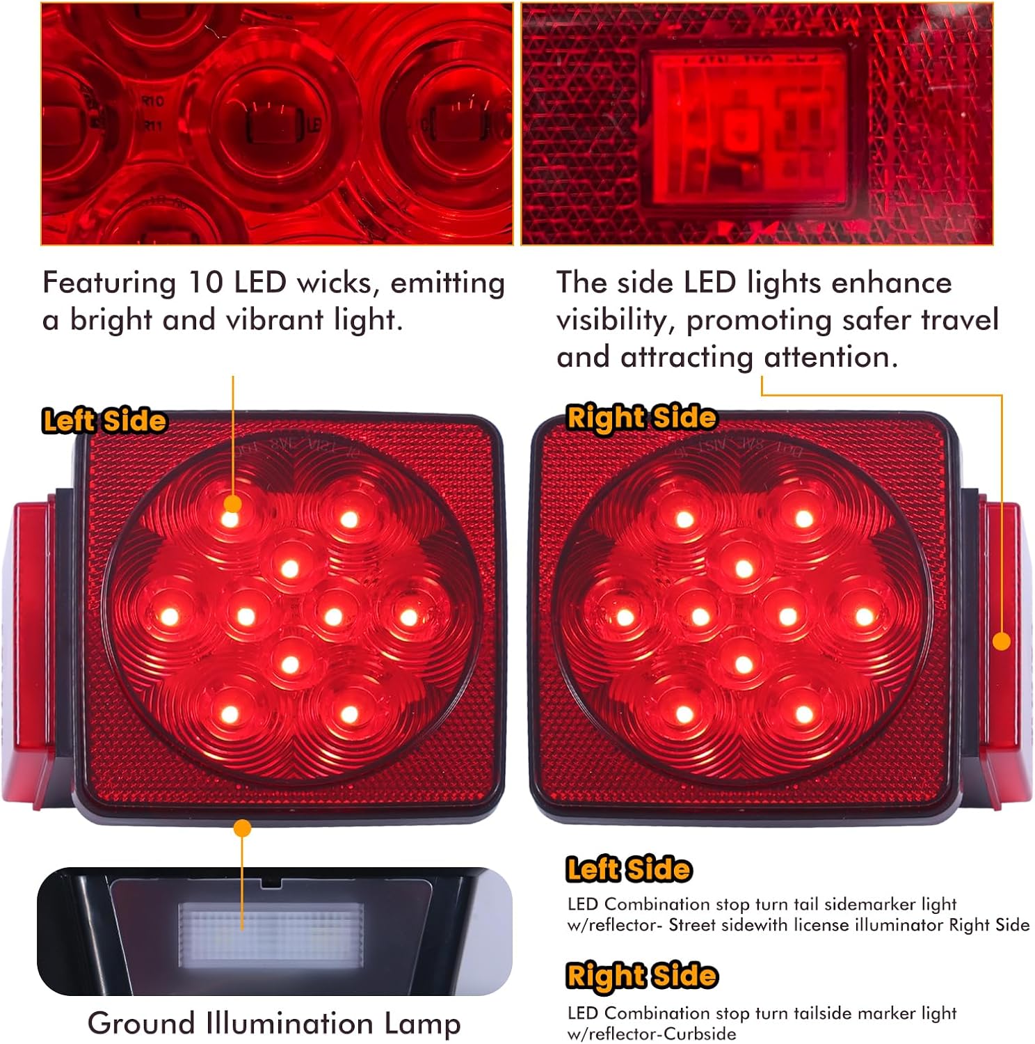 Trailer Light Kit - 12V All-LED, Left and Right Waterproof Submersible for Trailers, Boat Trailers, Trucks, Marine Campers, RVs, and Snowmobiles - Red