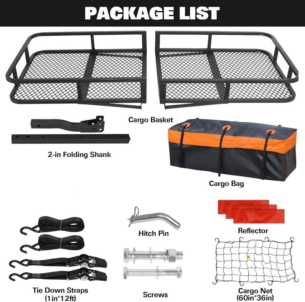 Folding Hitch Mount Cargo Carrier Basket 60" x 20" x 6" with Waterproof Bag, Net, Strap, 2-Inch Folding Shank, 500 lbs Capacity Hitch Rack, Steel Construction