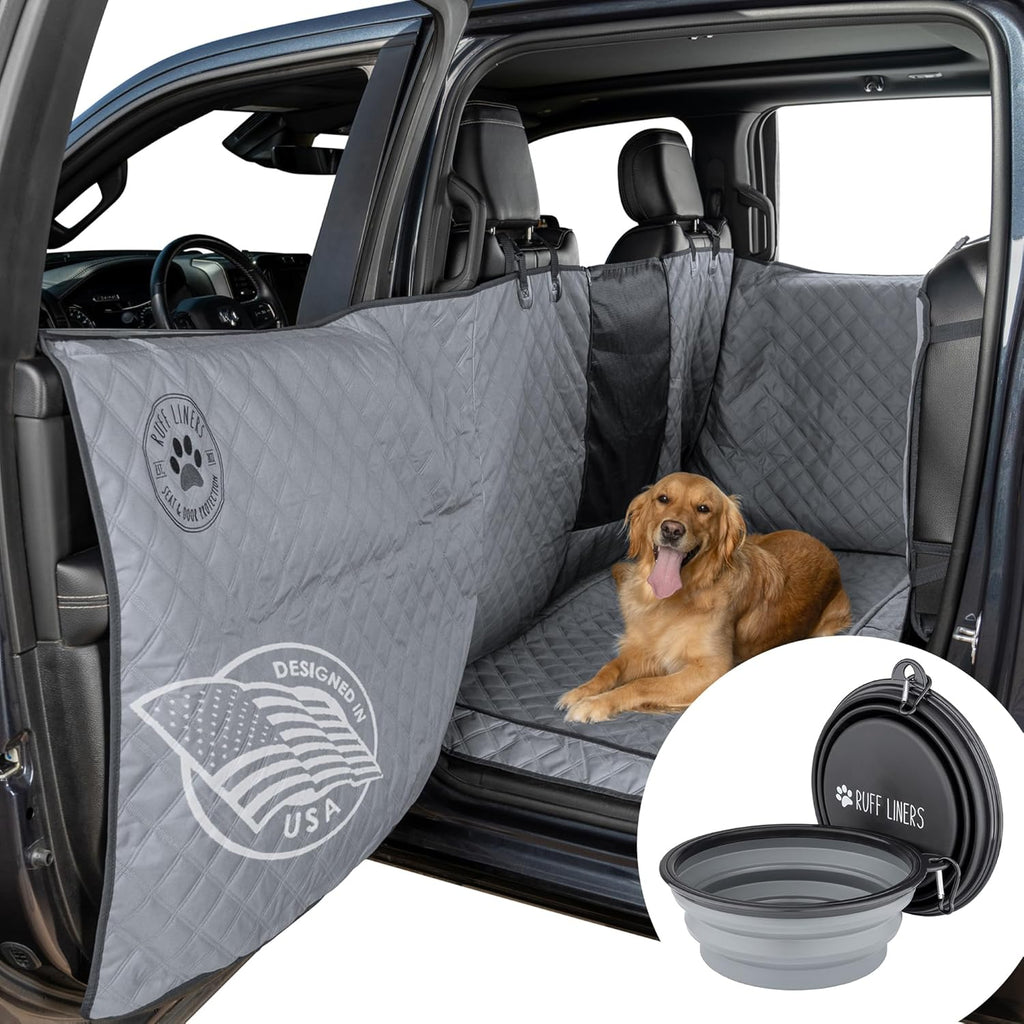 Truck Back Seat Cover for Dogs with Door Protection & 2 Collapsible BPA-Free Dog Bowls