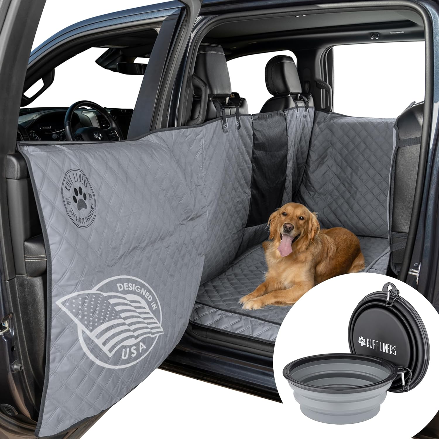 Truck Back Seat Cover for Dogs with Door Protection & 2 Collapsible BPA-Free Dog Bowls