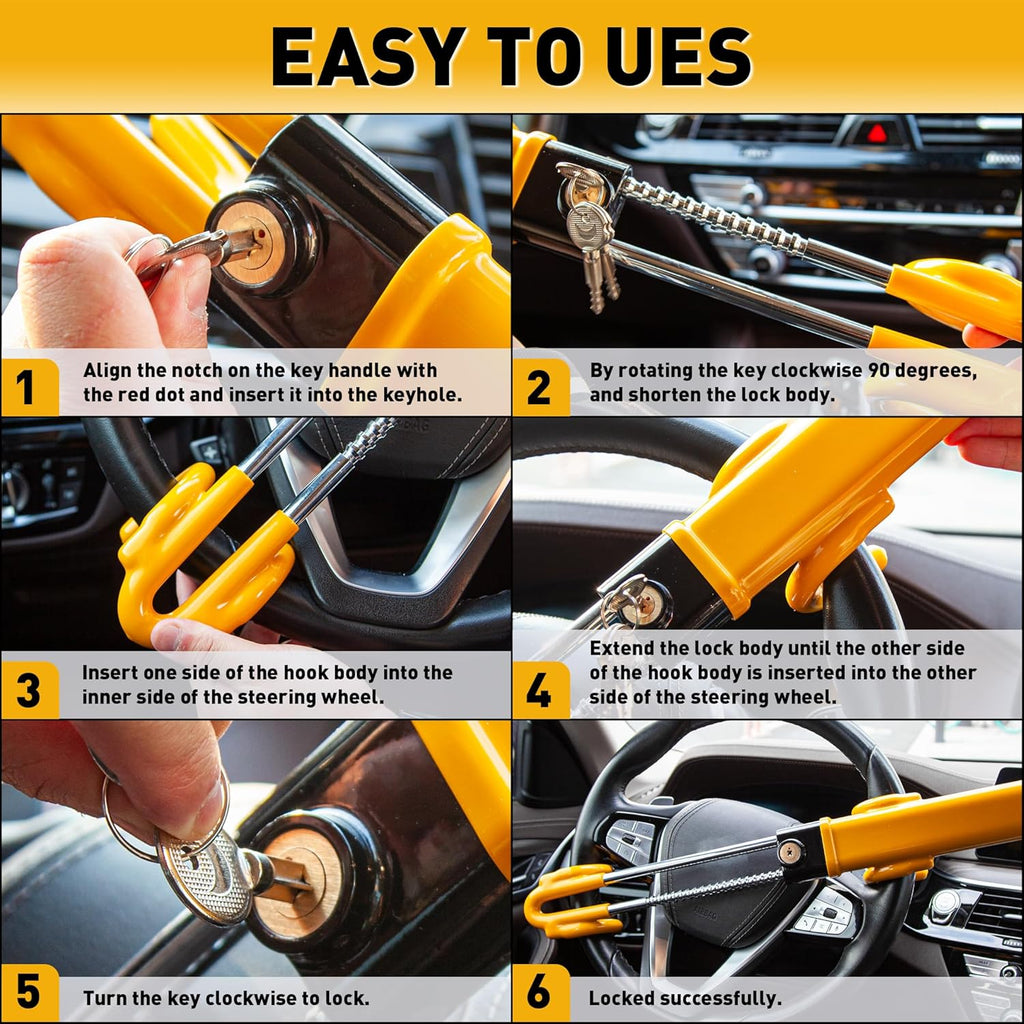 Heavy Duty Steering Wheel Lock Anti-Theft Car Device Security For Cars Trucks Vans and SUVs with 3 Keys