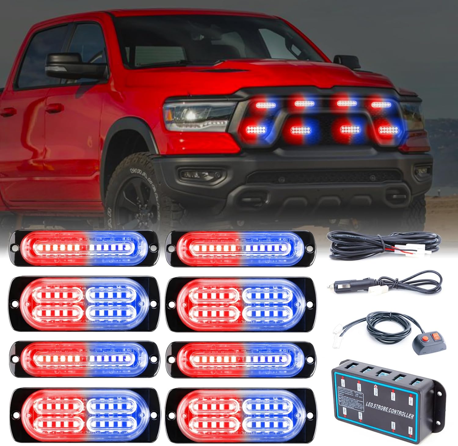 8pcs Sync Feature Emergency Strobe Grille Lights LED Ultra Slim Surface Mount Flashing Hazard Warning Light Bar with Controller for Firefighter/Construction/Trucks/Vehicles/Car