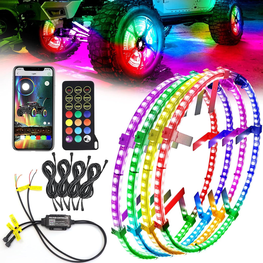 4PCS 14" Double Sided RGB LED Wheel Ring Lights with APP & Remote Control for Trucks Pickups Cars Offroad