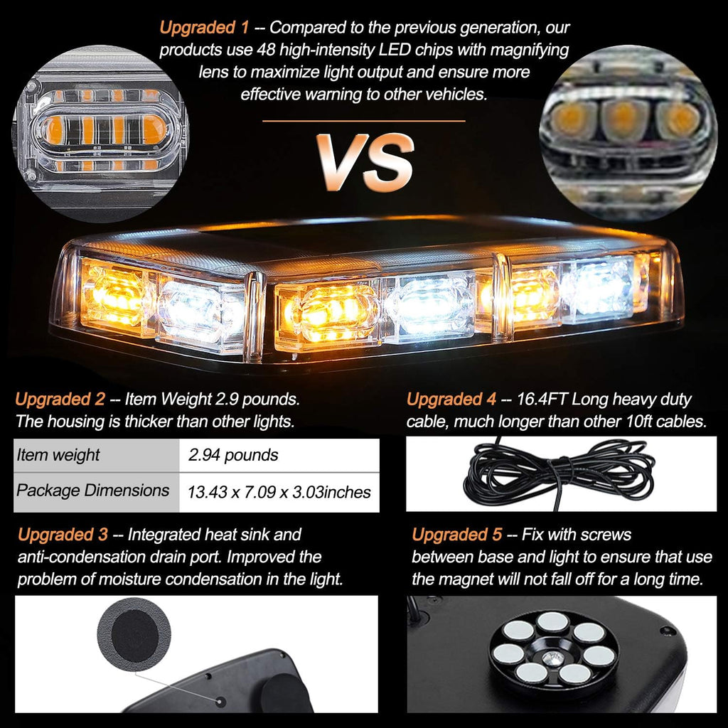 48 LED Magnetic Roof Top Strobe Light Bar for 12-24V - High Visibility Emergency Warning Light for Trucks, Snow Plows, Construction Vehicles