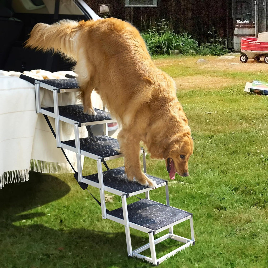 Foldable Dog Car Ramp for Large Dogs, Portable Dog Steps for SUV, Aluminum Dog Stairs with Non-Slip Surface for High Beds, Trucks and SUVs, 5 Steps