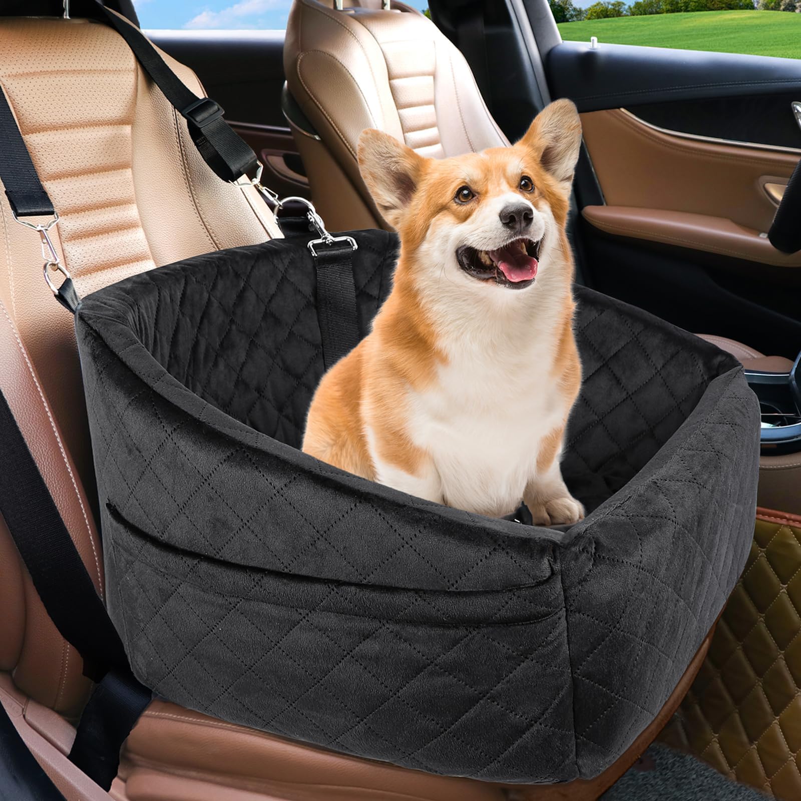 Under 30lbs Dog Car Seat for Small Dogs With Storage Pockets and Dog Safety Belt
