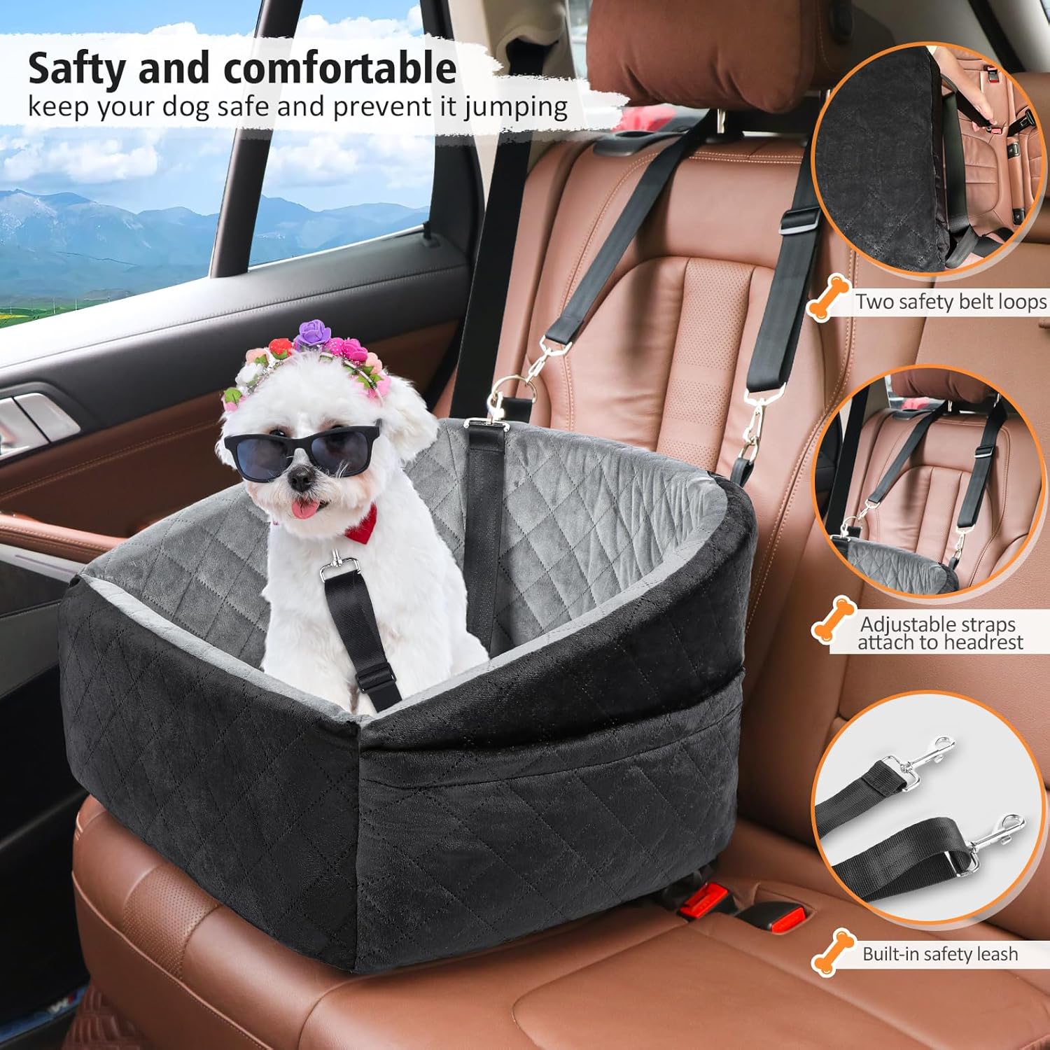 Under 30lbs Dog Car Seat for Small Dogs With Storage Pockets and Dog Safety Belt