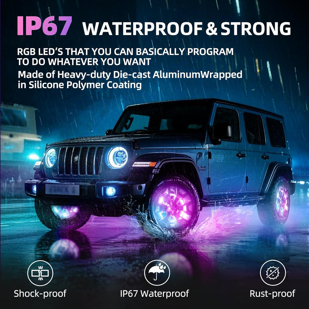 4PCS 14" Double Sided RGB LED Wheel Ring Lights with APP & Remote Control for Trucks Pickups Cars Offroad