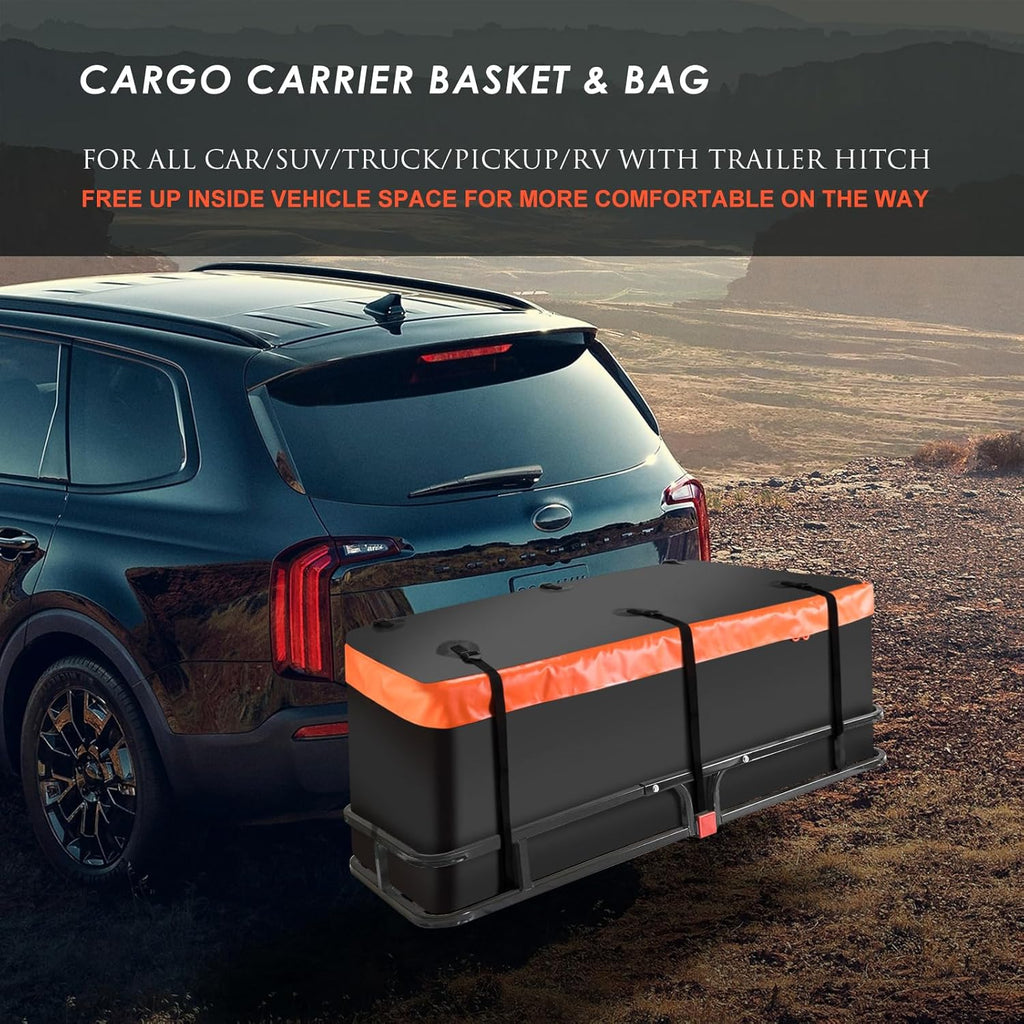Hitch Mount Cargo Carrier Basket +Waterproof Cargo Bag 15 Cubic Feet,Hauling Weight Capacity of 500 Lbs fit on 2 Inch Receiver with Hitch Stabilizer,Net and Straps