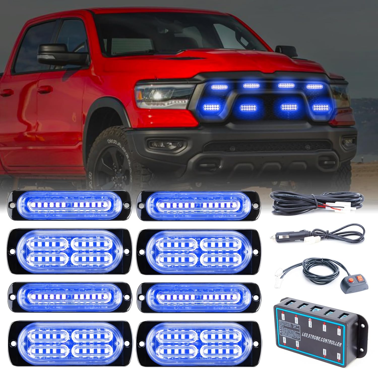 8pcs Sync Feature Emergency Strobe Grille Lights LED Ultra Slim Surface Mount Flashing Hazard Warning Light Bar with Controller for Firefighter/Construction/Trucks/Vehicles/Car