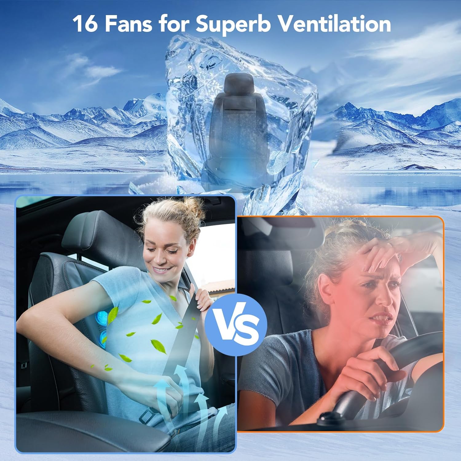 Cooling Car Seat Cover with 16 Powerful Fans 3-Speed Temperature Fit For Car SUV, Truck Van
