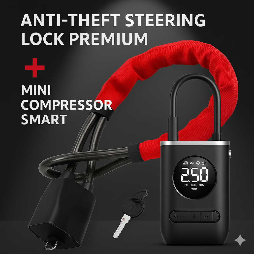 Premium Universal Steering Wheel Lock + FREE Smart Mini Compressor