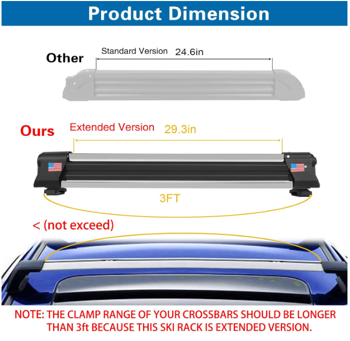 Aluminum Ski Rack for Roof Rack fit 6 Pairs of Skis or 4 Snowboards