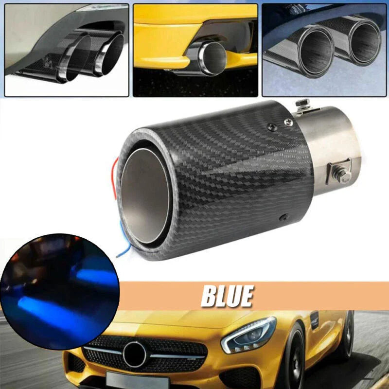 63-65mm Carbon Fibre Car Muffler Exhaust Tip Tail Pipe LED Light Accessories