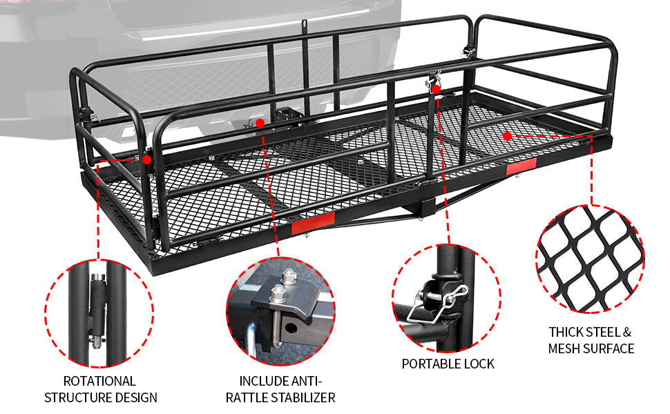Hitch Mount Cargo Carrier Rack High Side 59" x 24" x 14" Folding Rear Luggage Basket Fits 2" Receiver for Car SUV Camping Traveling