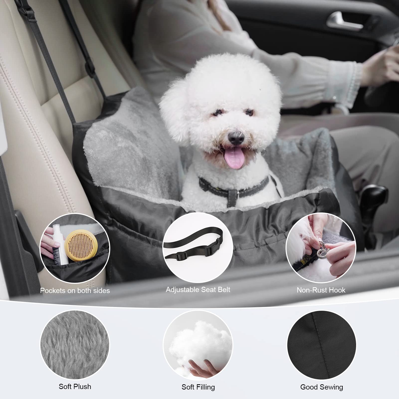 Dog Car Seat for Small Dogs with Storage Pockets and Adjustable Clip-On Leash Dog Booster Seats Bed