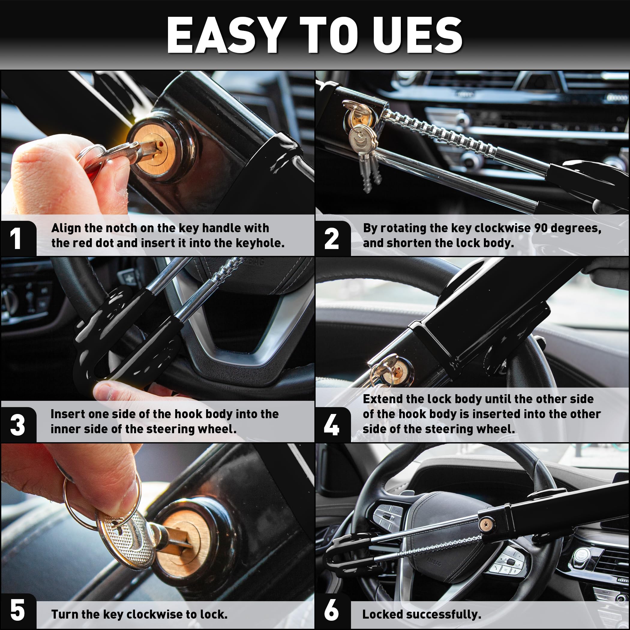 Heavy Duty Steering Wheel Lock Anti-Theft Car Device Security For Cars Trucks Vans and SUVs with 3 Keys