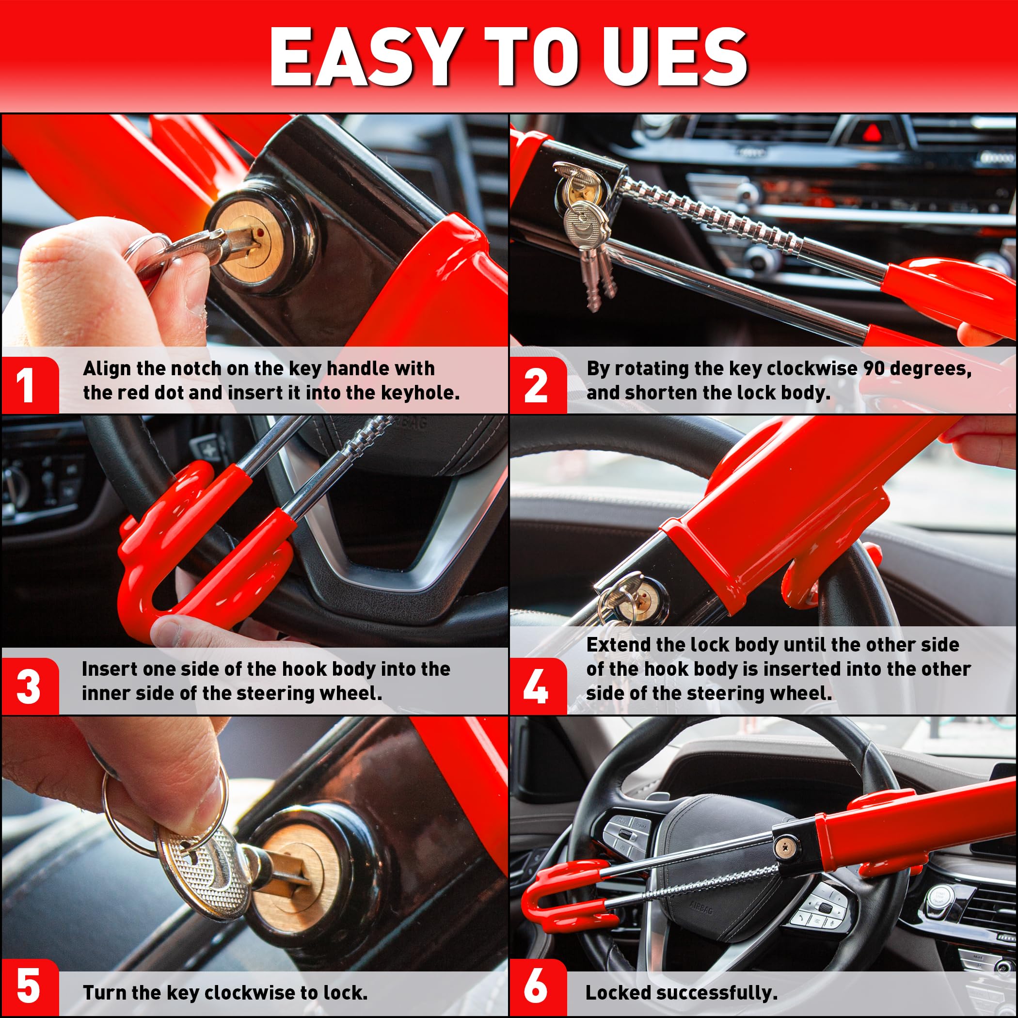 Heavy Duty Steering Wheel Lock Anti-Theft Car Device Security For Cars Trucks Vans and SUVs with 3 Keys