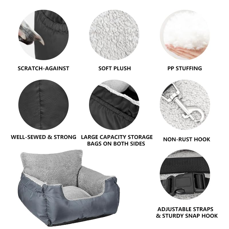 Dog Car Seat for Small Dogs with Storage Pockets and Adjustable Clip-On Leash Dog Booster Seats Bed