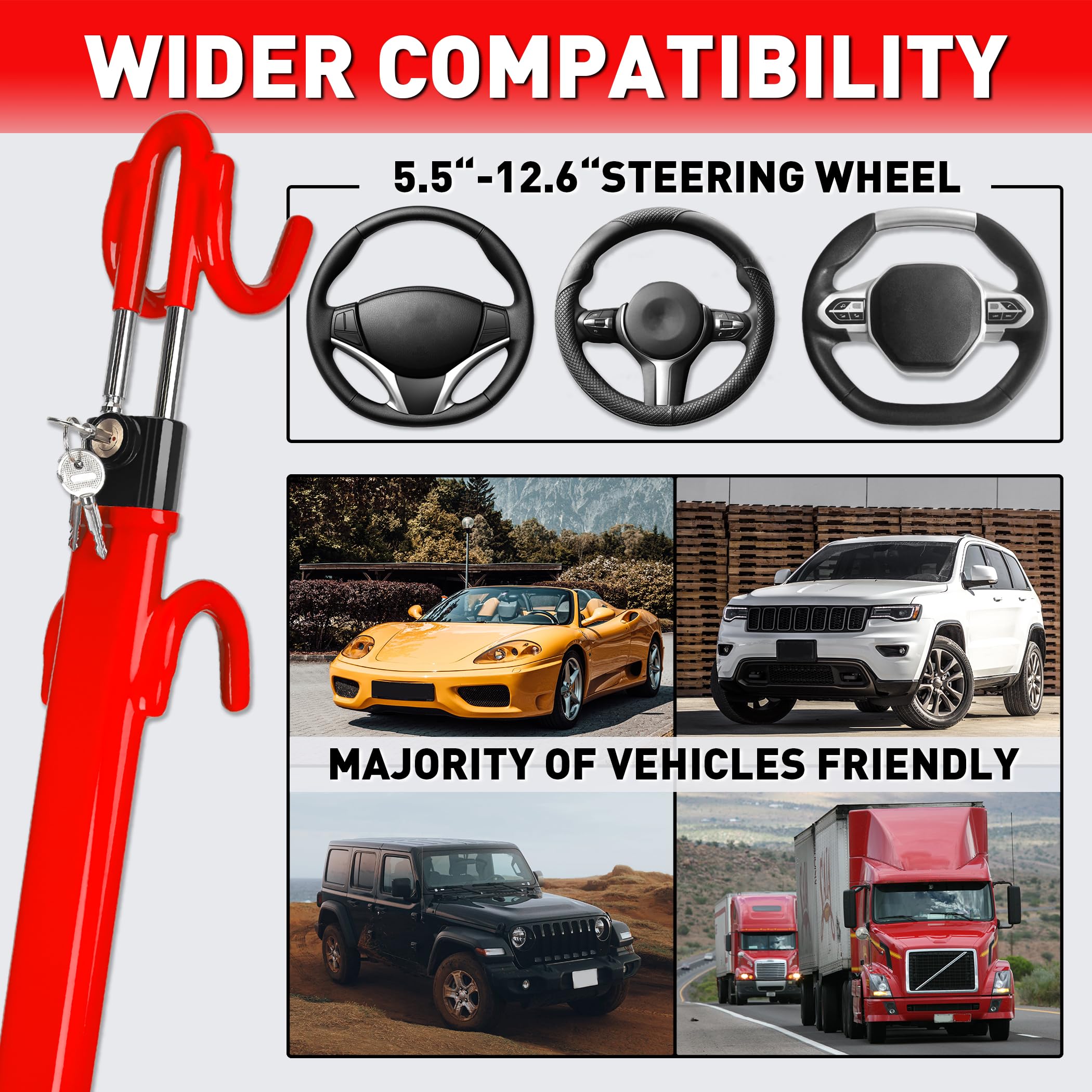 Heavy Duty Steering Wheel Lock Anti-Theft Car Device Security For Cars Trucks Vans and SUVs with 3 Keys