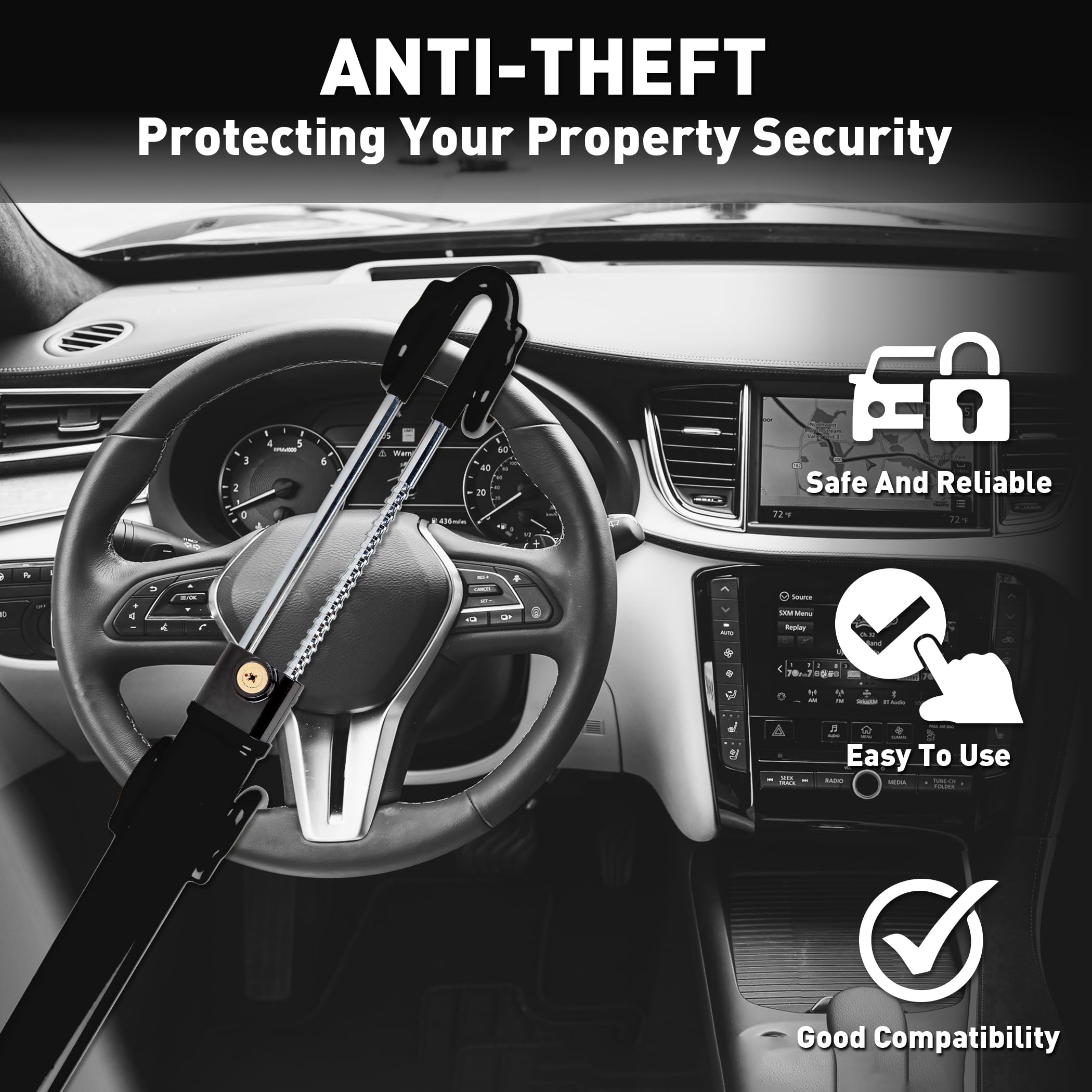 Heavy Duty Steering Wheel Lock Anti-Theft Car Device Security For Cars Trucks Vans and SUVs with 3 Keys